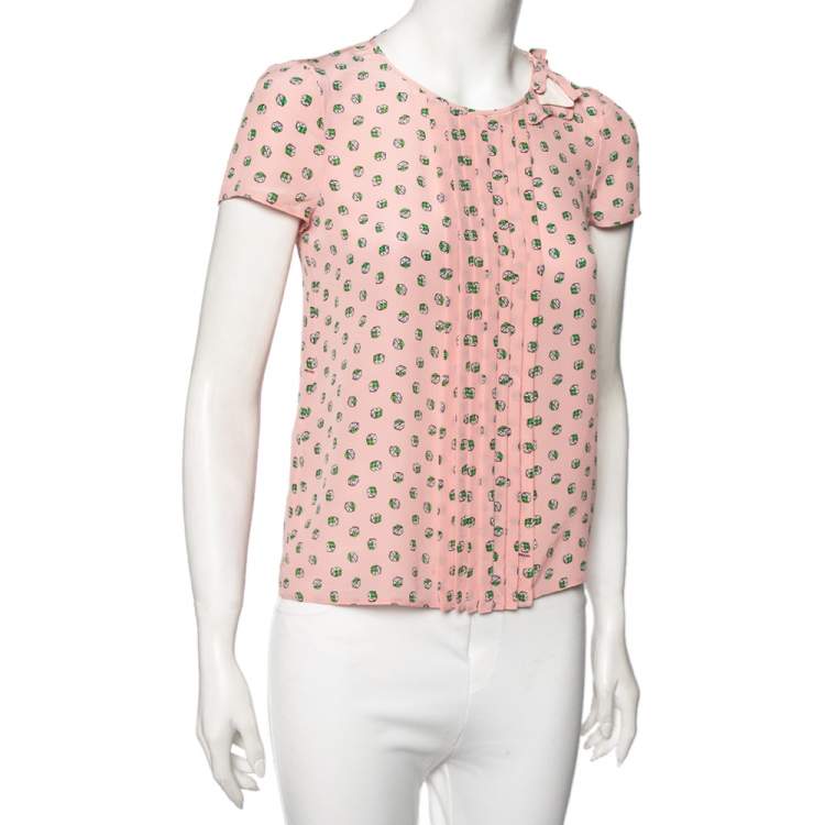 Pre Owned Prada Pink Dice Printed Silk Pleated Yolk Detail Short Sleeve Blouse S