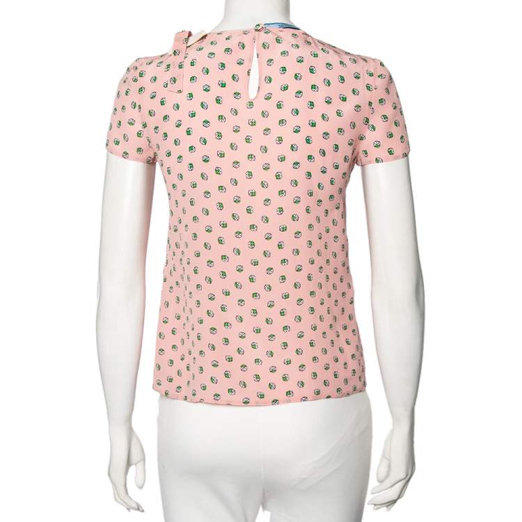 Pre Owned Prada Pink Dice Printed Silk Pleated Yolk Detail Short Sleeve Blouse S