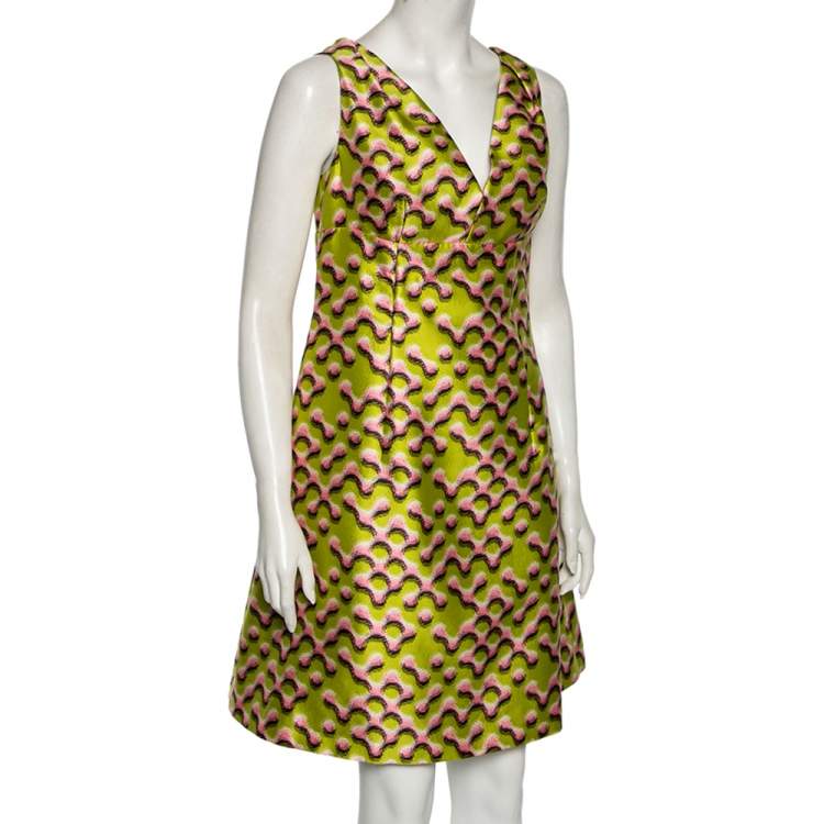 Pre Owned Prada Green Printed Silk Sleeveless Dress M 
