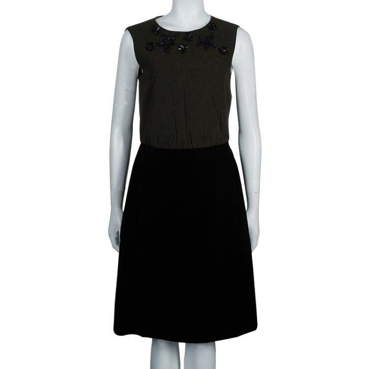 Pre Owned Prada Green Tweed-Velvet Embellished Dress M
