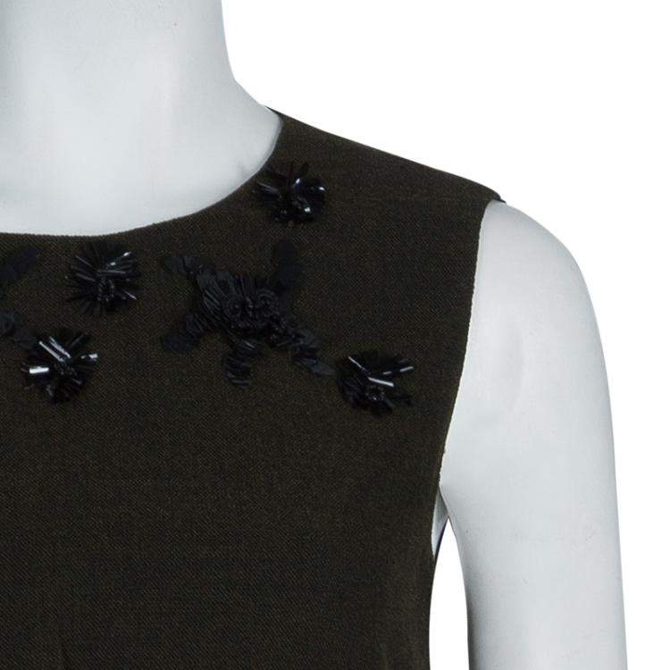 Pre Owned Prada Green Tweed-Velvet Embellished Dress M
