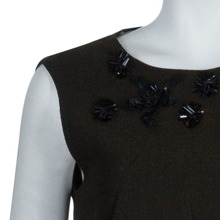 Pre Owned Prada Green Tweed-Velvet Embellished Dress M