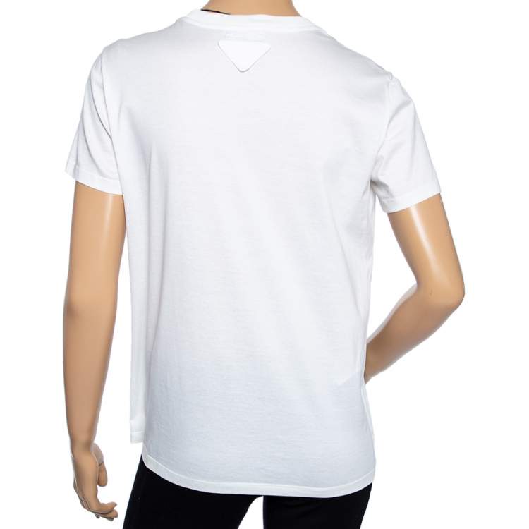 Pre Owned Prada White Printed & Embellished Detailed Cotton Short Sleeve T-Shirt M