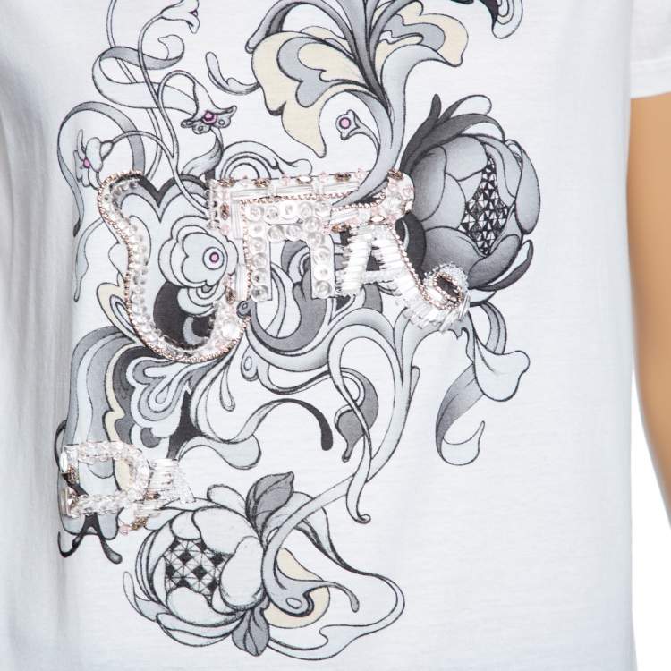 Pre Owned Prada White Printed & Embellished Detailed Cotton Short Sleeve T-Shirt M