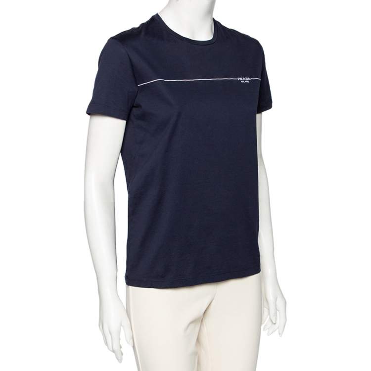 Pre Owned Prada Navy Blue Cotton Logo Printed Short Sleeve T-Shirt S