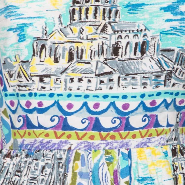 Pre Owned Prada Multicolored Printed Cotton Gathered Short Dress S 