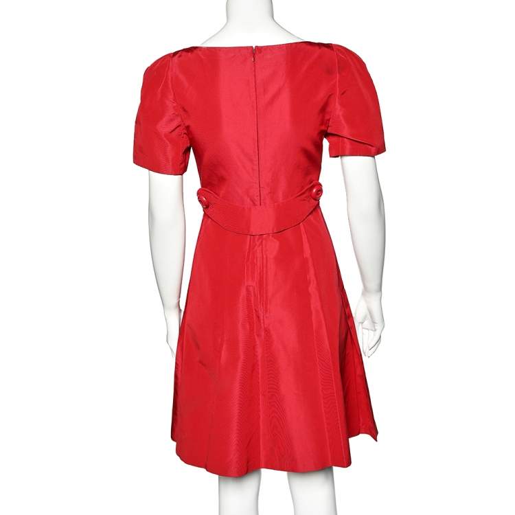 Pre Owned Prada Red Silk Taffeta Pleated Midi Dress S