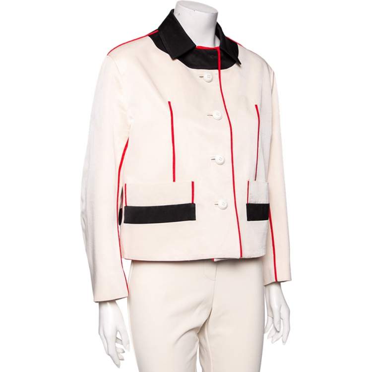 Pre Owned Prada Cream Wool & Silk Contrast Trim Detailed Jacket M