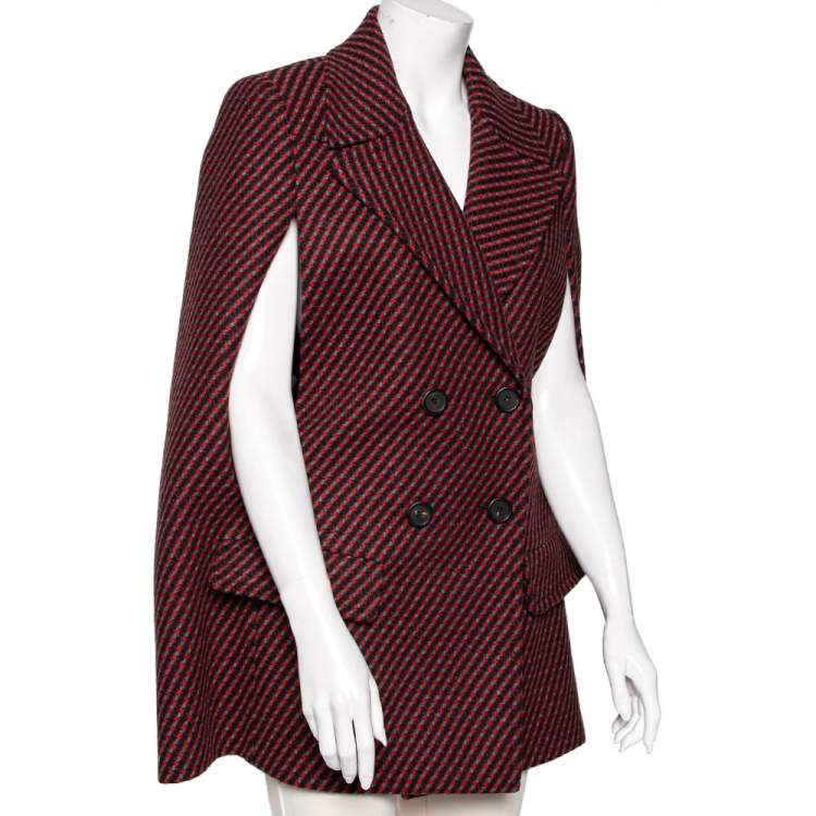 Prada Red & Black Pattered Wool Double Breasted Cape Coat M Prada | TLC