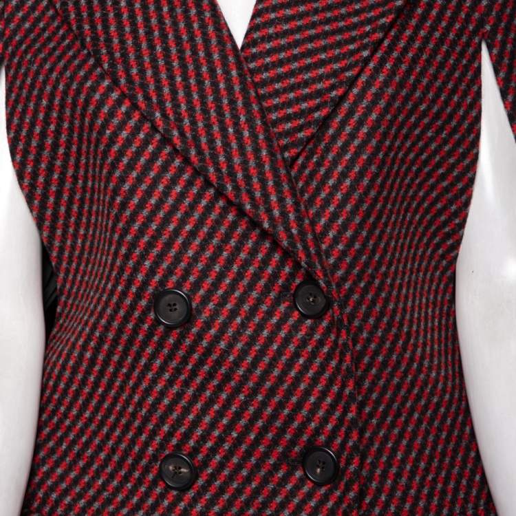 Pre Owned Prada Red & Black Pattered Wool Double Breasted Cape Coat M