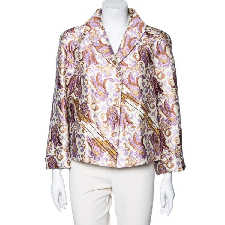 Pre Owned Prada Cream Floral Brocade Button Front Blazer M