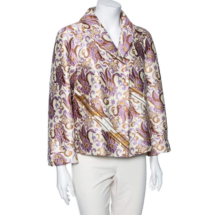 Pre Owned Prada Cream Floral Brocade Button Front Blazer M