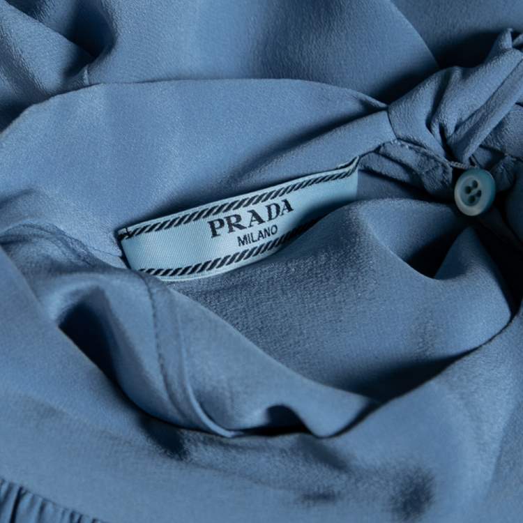 Pre Owned Prada Blue Silk Gathered Cuff Tie Detail Long Sleeve Blouse M