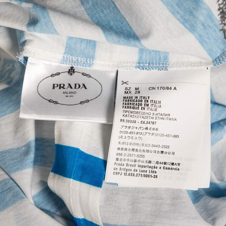 Pre Owned Prada Blue & White Striped Cotton Printed Short Sleeve Dress M