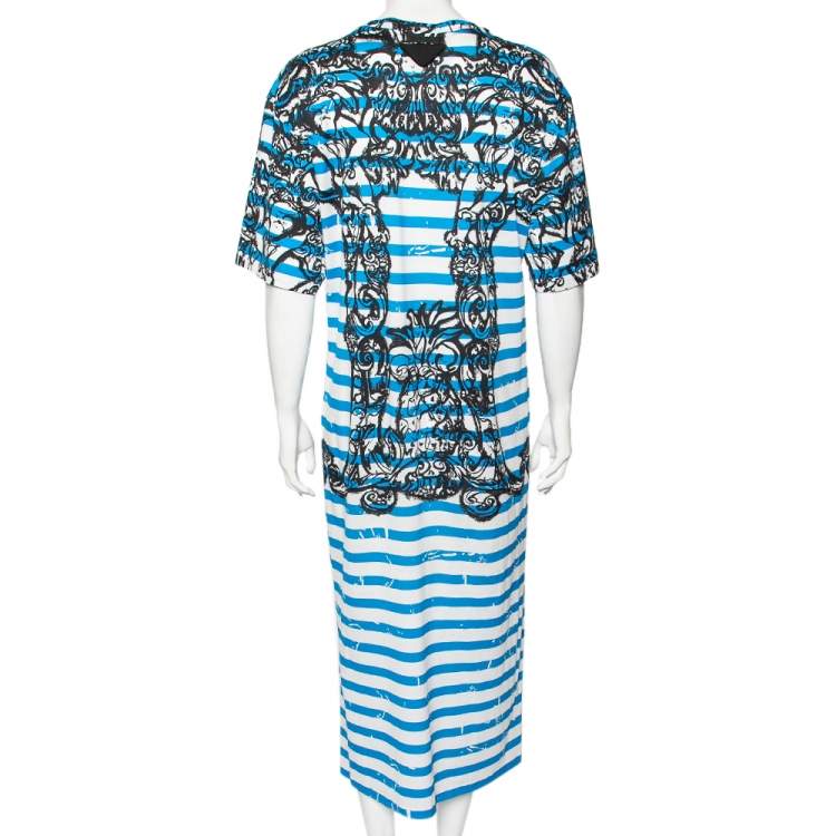 Pre Owned Prada Blue & White Striped Cotton Printed Short Sleeve Dress M