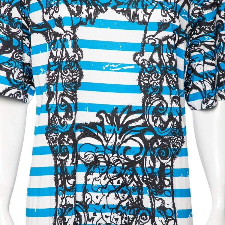 Pre Owned Prada Blue & White Striped Cotton Printed Short Sleeve Dress M