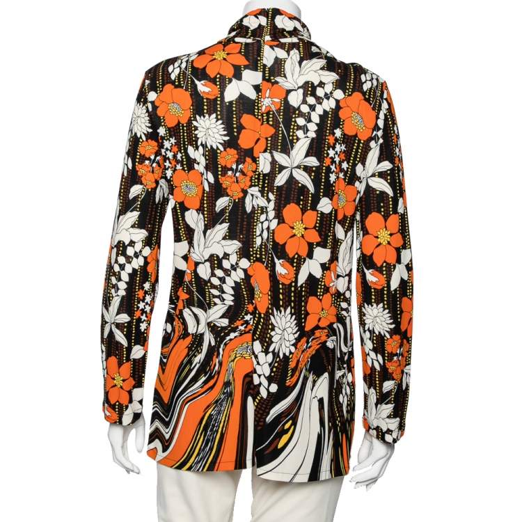 Pre Owned Prada Orange Floral Printed Jersey Long Sleeve Turtleneck Top M 