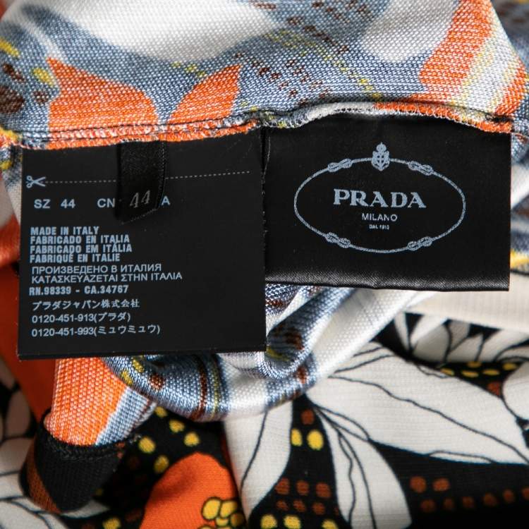 Pre Owned Prada Orange Floral Printed Jersey Long Sleeve Turtleneck Top M 