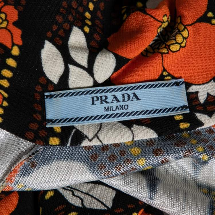 Pre Owned Prada Orange Floral Printed Jersey Long Sleeve Turtleneck Top M 