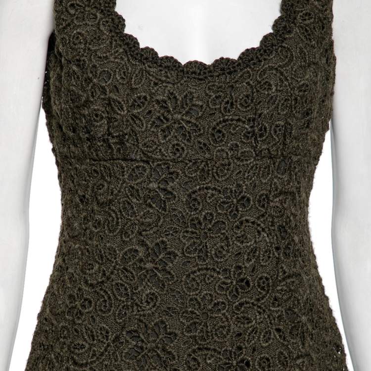 Pre Owned Prada Olive Green Floral Embroidered Wool Sleeveless Dress M