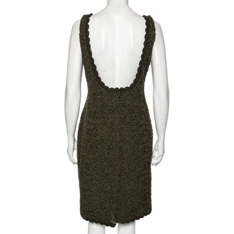 Pre Owned Prada Olive Green Floral Embroidered Wool Sleeveless Dress M