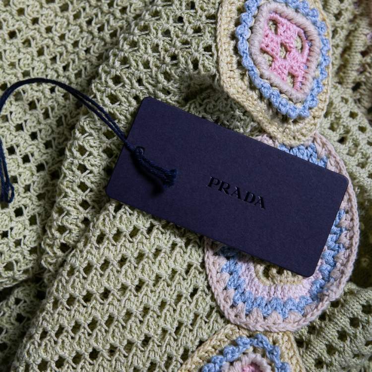 Pre Owned Prada Green Crochet Knit Embellished Short Sleeve Dress S