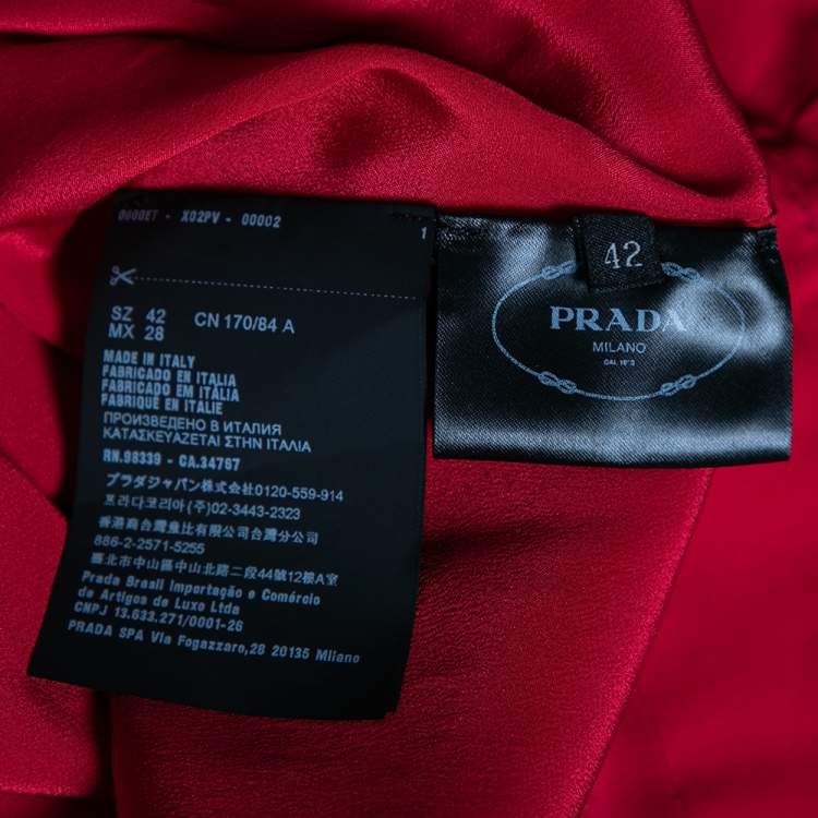 Pre Owned Prada Red Crepe Bead Embellished Long Sleeve pleated Gown M