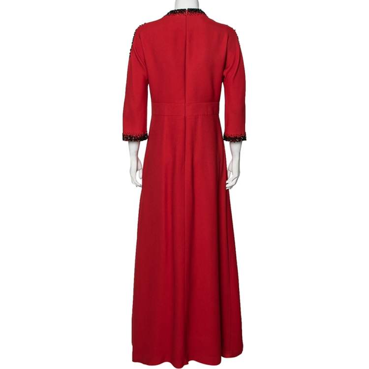 Pre Owned Prada Red Crepe Bead Embellished Long Sleeve pleated Gown M