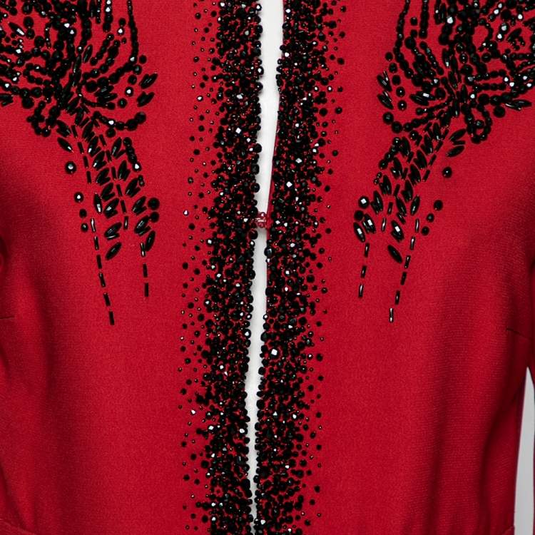 Pre Owned Prada Red Crepe Bead Embellished Long Sleeve pleated Gown M