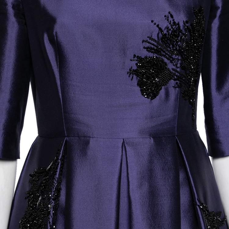 Pre Owned Prada Blue Wool & Silk Bead Embellished Short Sleeve Gown M