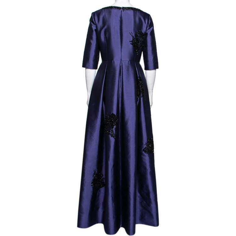 Pre Owned Prada Blue Wool & Silk Bead Embellished Short Sleeve Gown M