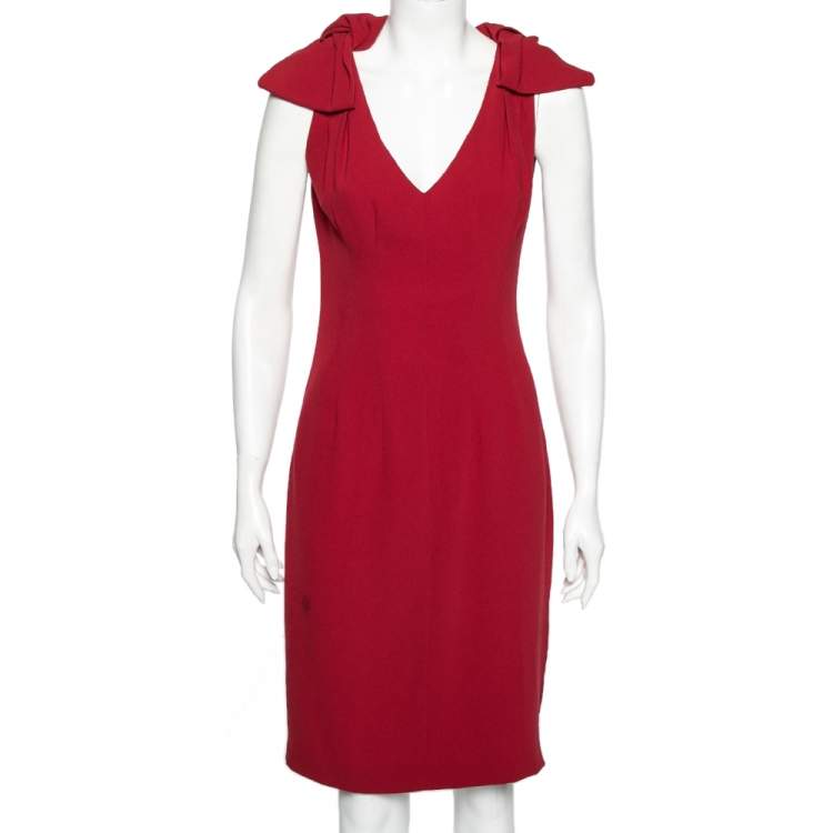 Pre Owned Prada Red Crepe Bow Detailed Sleeveless Dress M