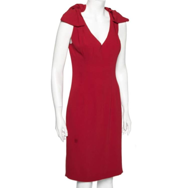 Pre Owned Prada Red Crepe Bow Detailed Sleeveless Dress M