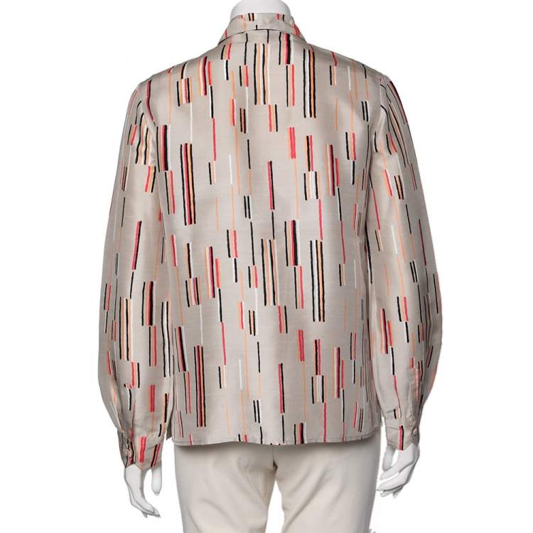 Pre Owned Prada Beige Printed Silk Long Sleeves Shirt S