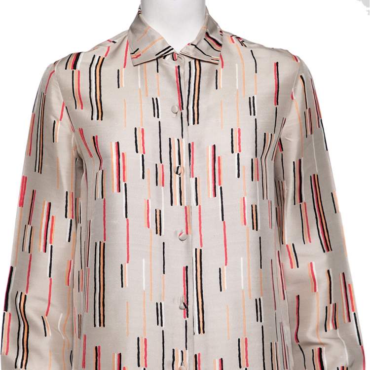 Pre Owned Prada Beige Printed Silk Long Sleeves Shirt S