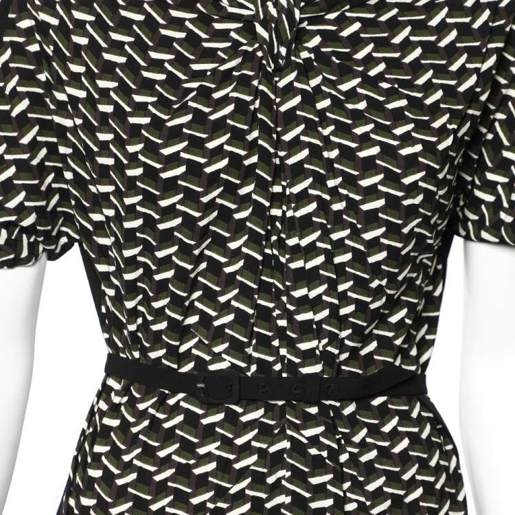 Pre Owned Prada Black Printed Crepe Asymmetric Hem Belted Midi Dress M