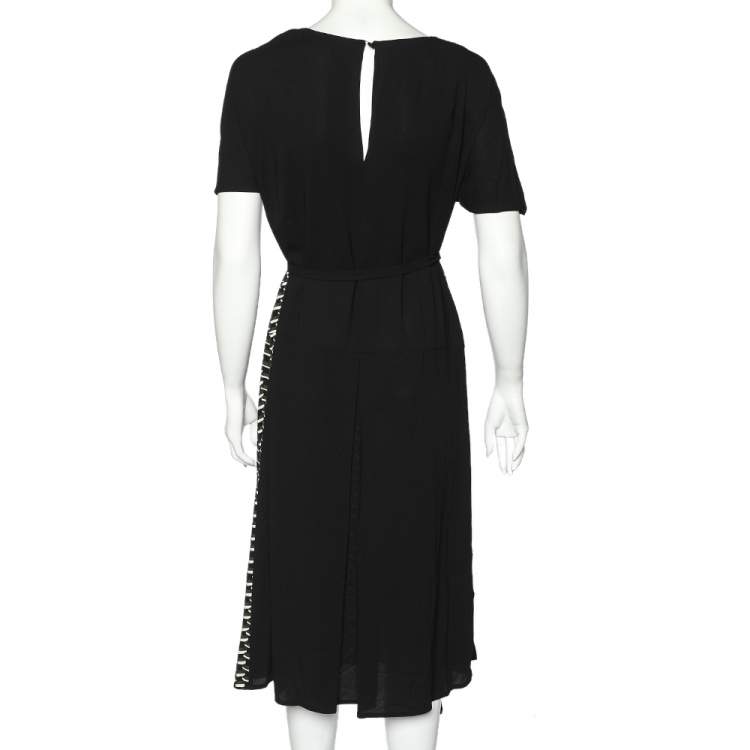 Pre Owned Prada Black Printed Crepe Asymmetric Hem Belted Midi Dress M