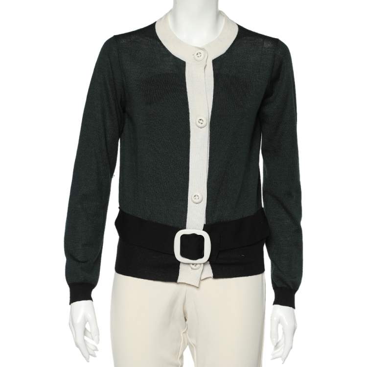Pre Owned Prada Color Block Wool & Silk Knit Button Front Cardigan L