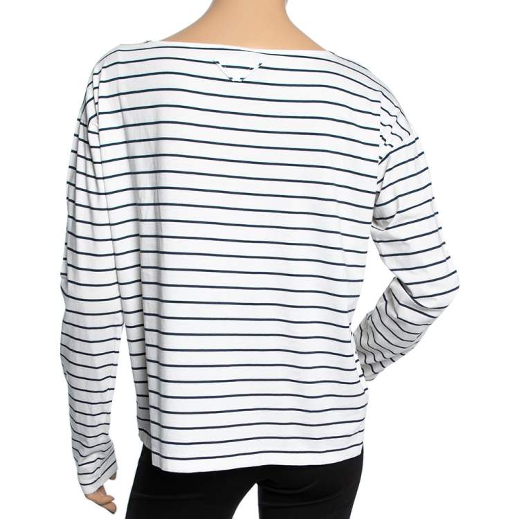 Pre Owned Prada White & Blue Striped Cotton Long Sleeve T-Shirt L