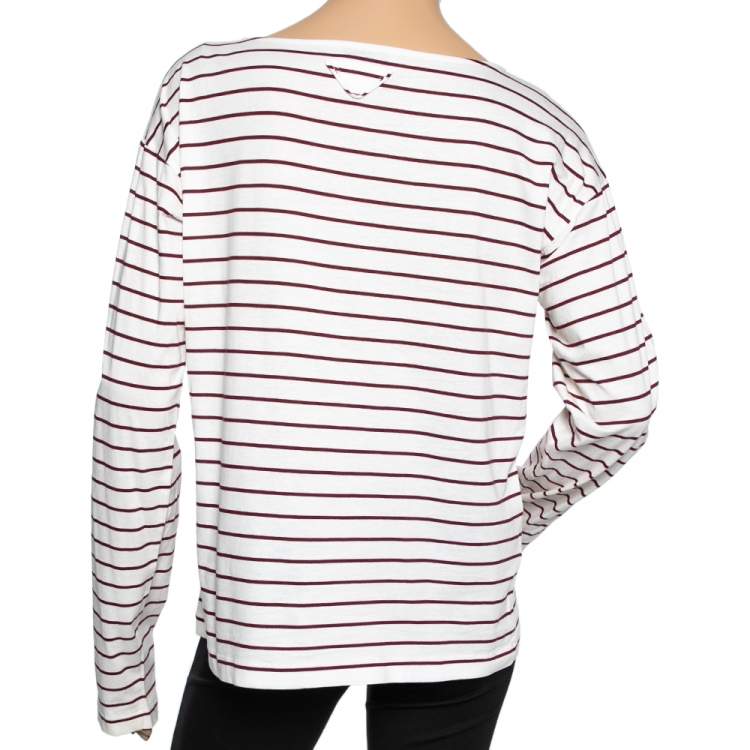 Pre Owned Prada Cream & Red Striped Cotton Long Sleeve T-Shirt L