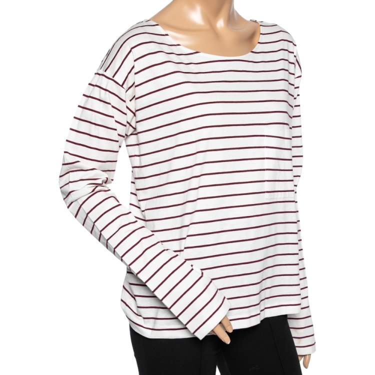 Pre Owned Prada Cream & Red Striped Cotton Long Sleeve T-Shirt L