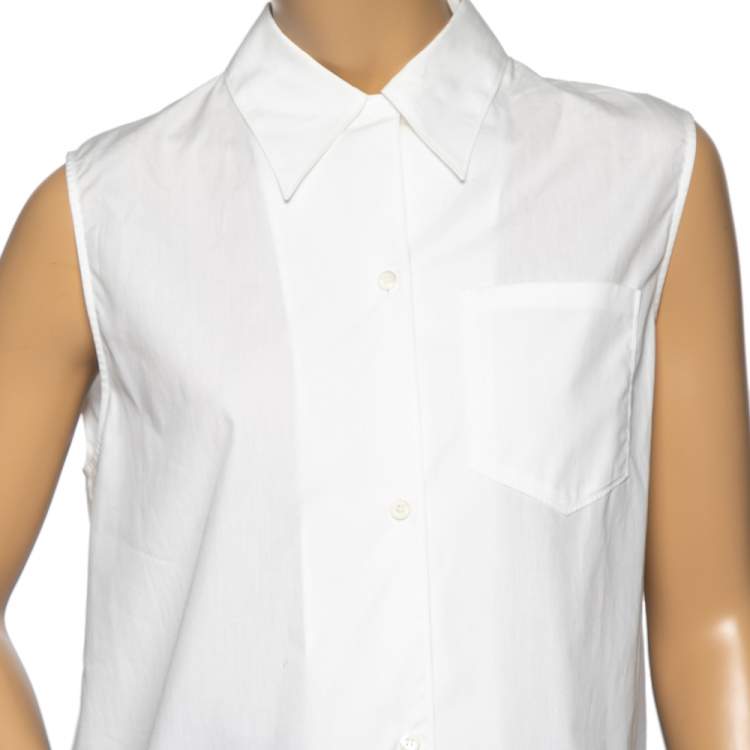 Pre Owned Prada White Cotton Pocket Detail Button Front Sleeveless Shirt M