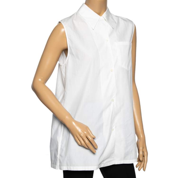 Pre Owned Prada White Cotton Pocket Detail Button Front Sleeveless Shirt M