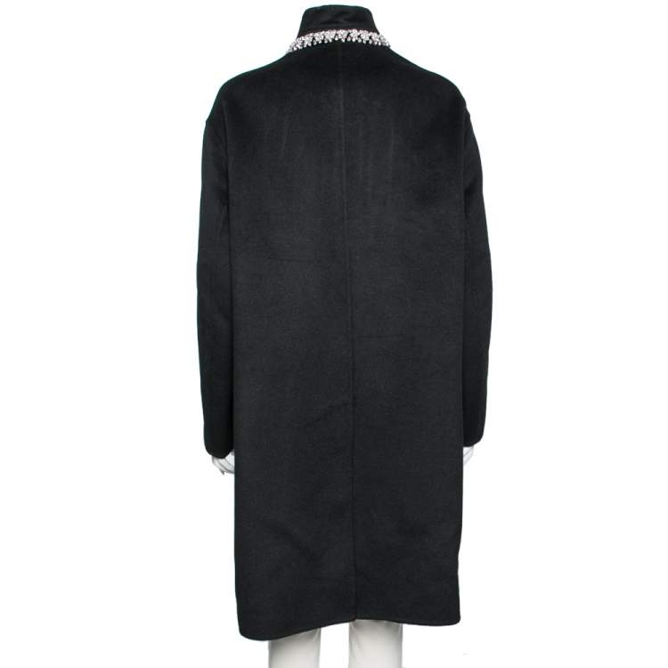 Pre Owned Prada Black Wool Embellished Neck Detail Cape Coat M