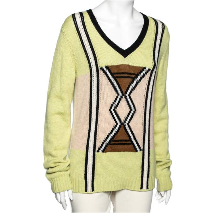 Pre Owned Prada Green Knit Long Sleeve V Neck Sweater M