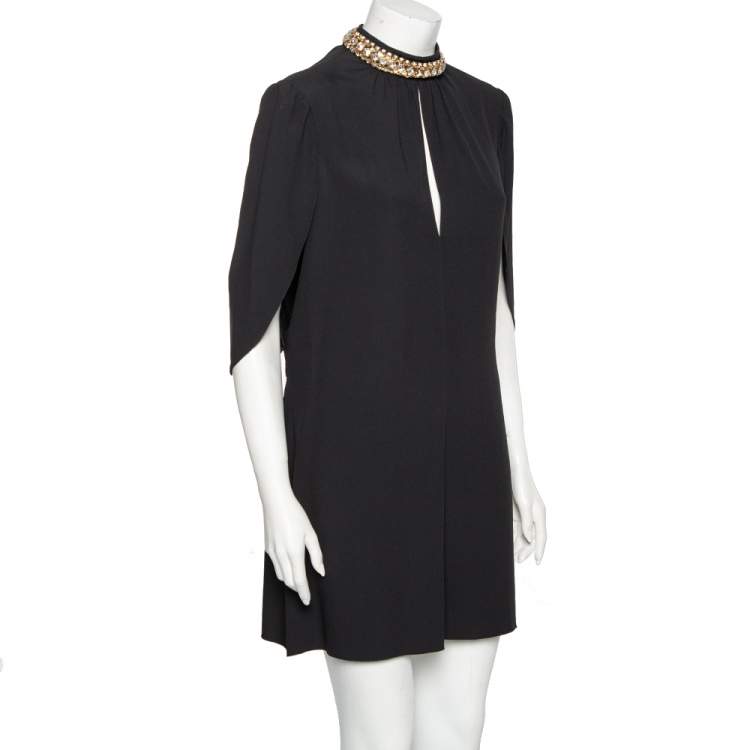 Pre Owned Prada Black Crepe Crystal Embellished Neck Cape Dress M 