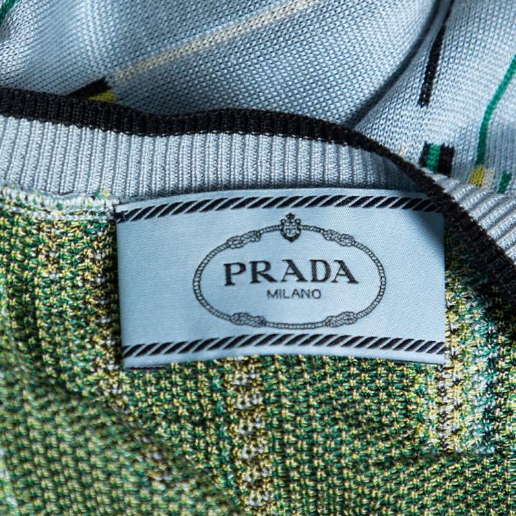 Pre Owned Prada Blue Printed Knit Short Sleeve Crew Neck Top M