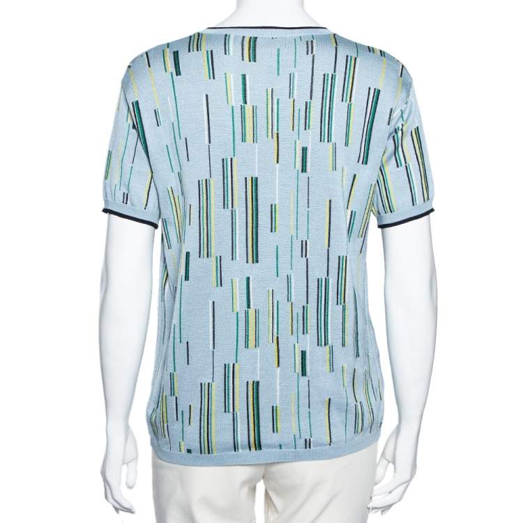 Pre Owned Prada Blue Printed Knit Short Sleeve Crew Neck Top M