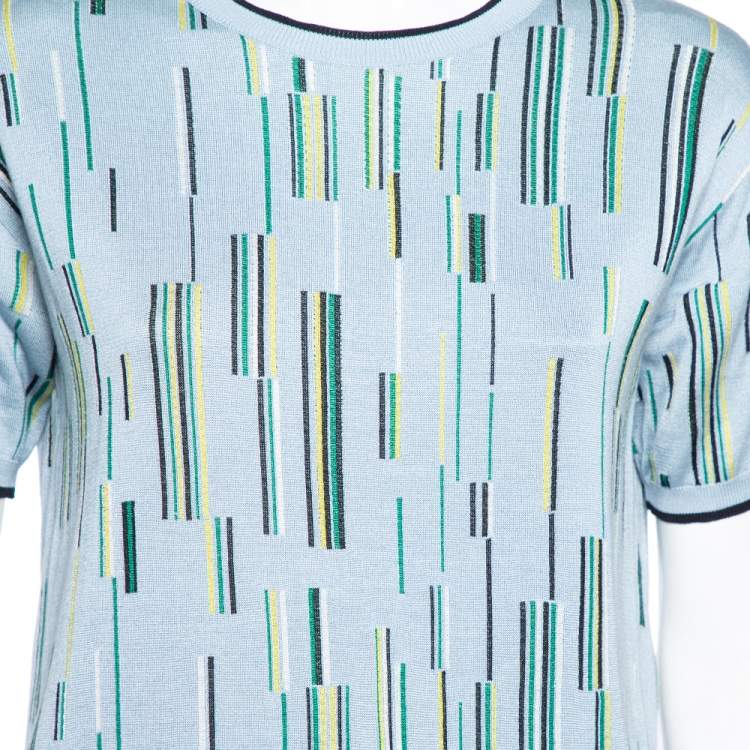 Pre Owned Prada Blue Printed Knit Short Sleeve Crew Neck Top M