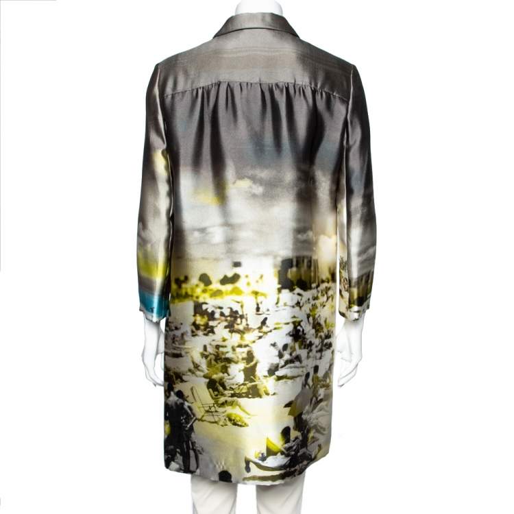 Pre Owned Prada Green Printed Satin Silk Button Front Lightweight Coat M
